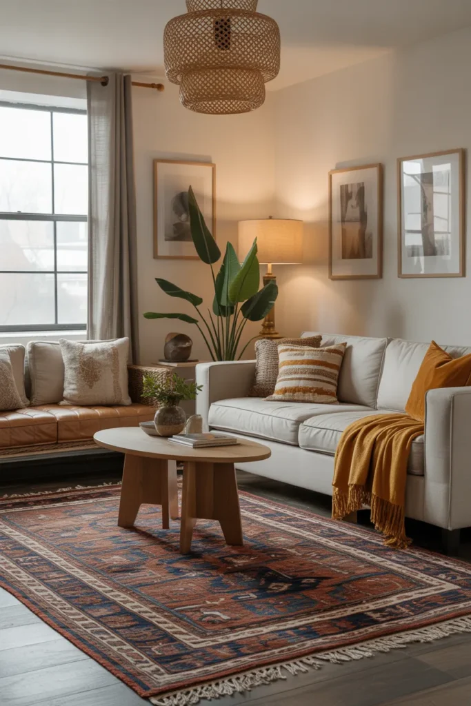 Boho Living Room with Layered Rugs