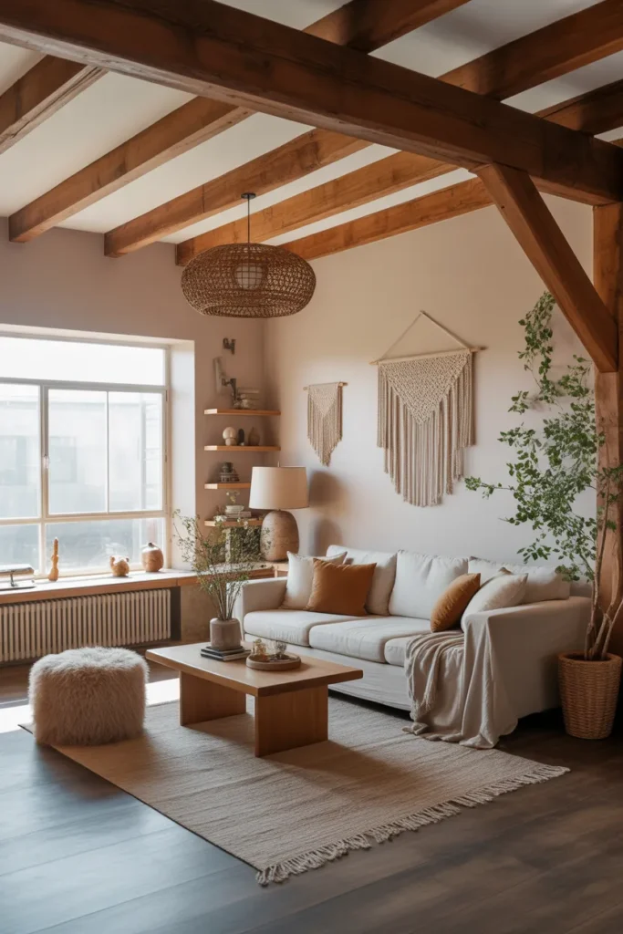 Boho Living Room with Wooden Beams