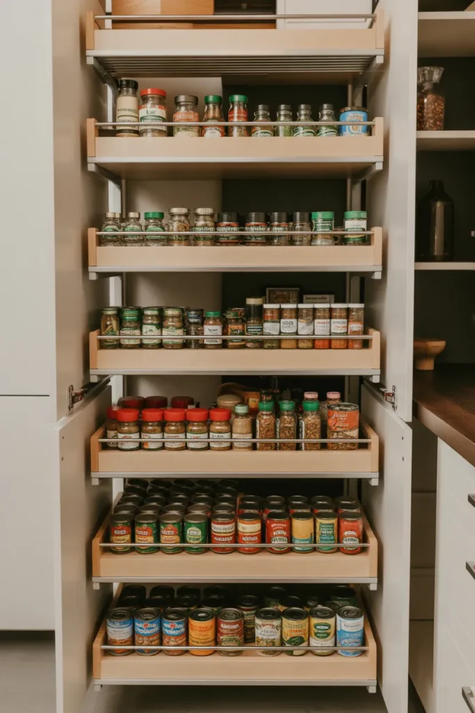 Narrow Pull Out Pantry With Tiered Shelves